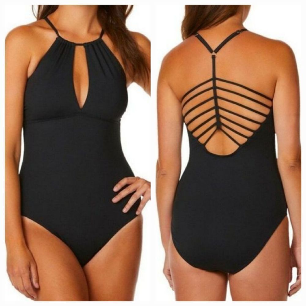 Leilani Horizon High Neck One Piece Strappy Cage Back Black Swimsuit sz 10